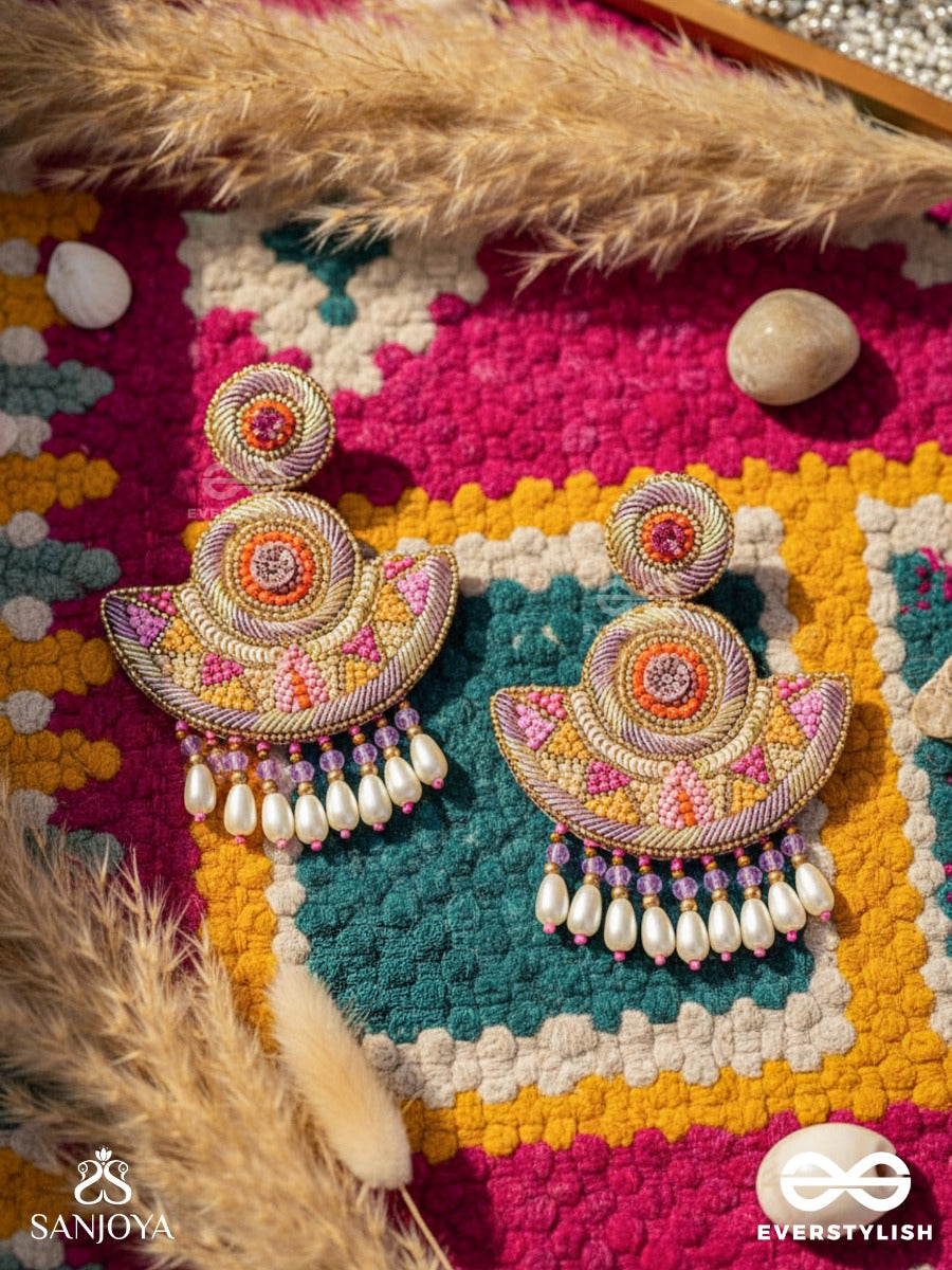 Araka- The Fragrant Garden- Stones, Resham And Pearl Drops Embroidered Earrings