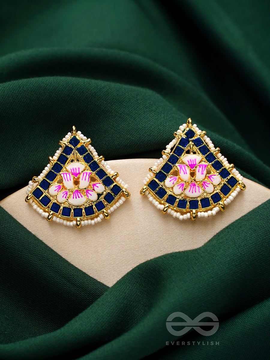 The Lotus Temple- Enamelled Statement Stud Earrings (Indigo Blue)