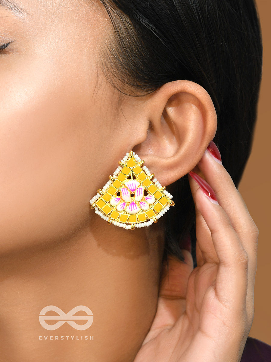The Lotus Temple- Enamelled Statement Stud Earrings(Cadmium Yellow)