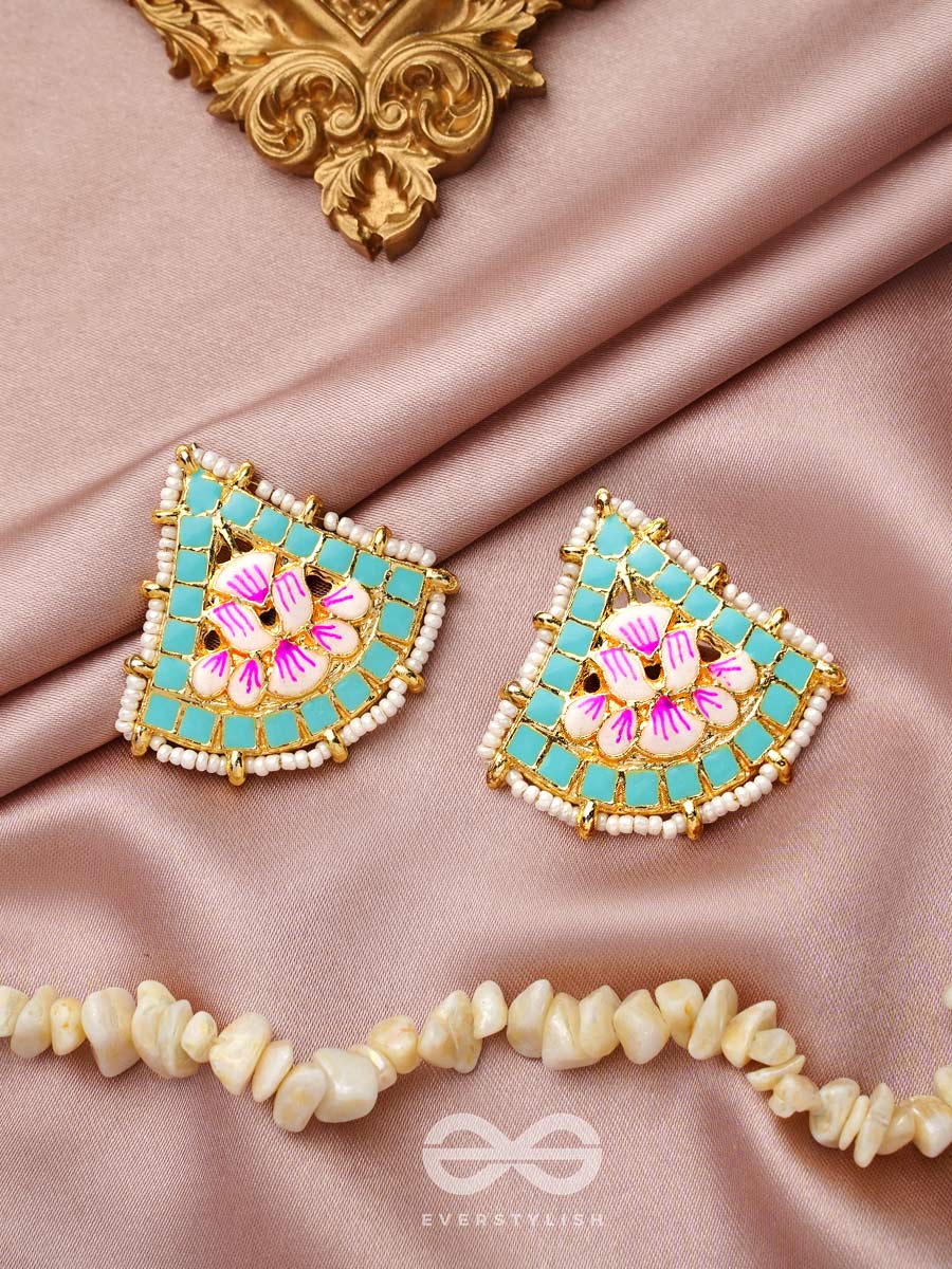 The Lotus Temple- Enamelled Statement Stud Earrings(Arctic Blue)