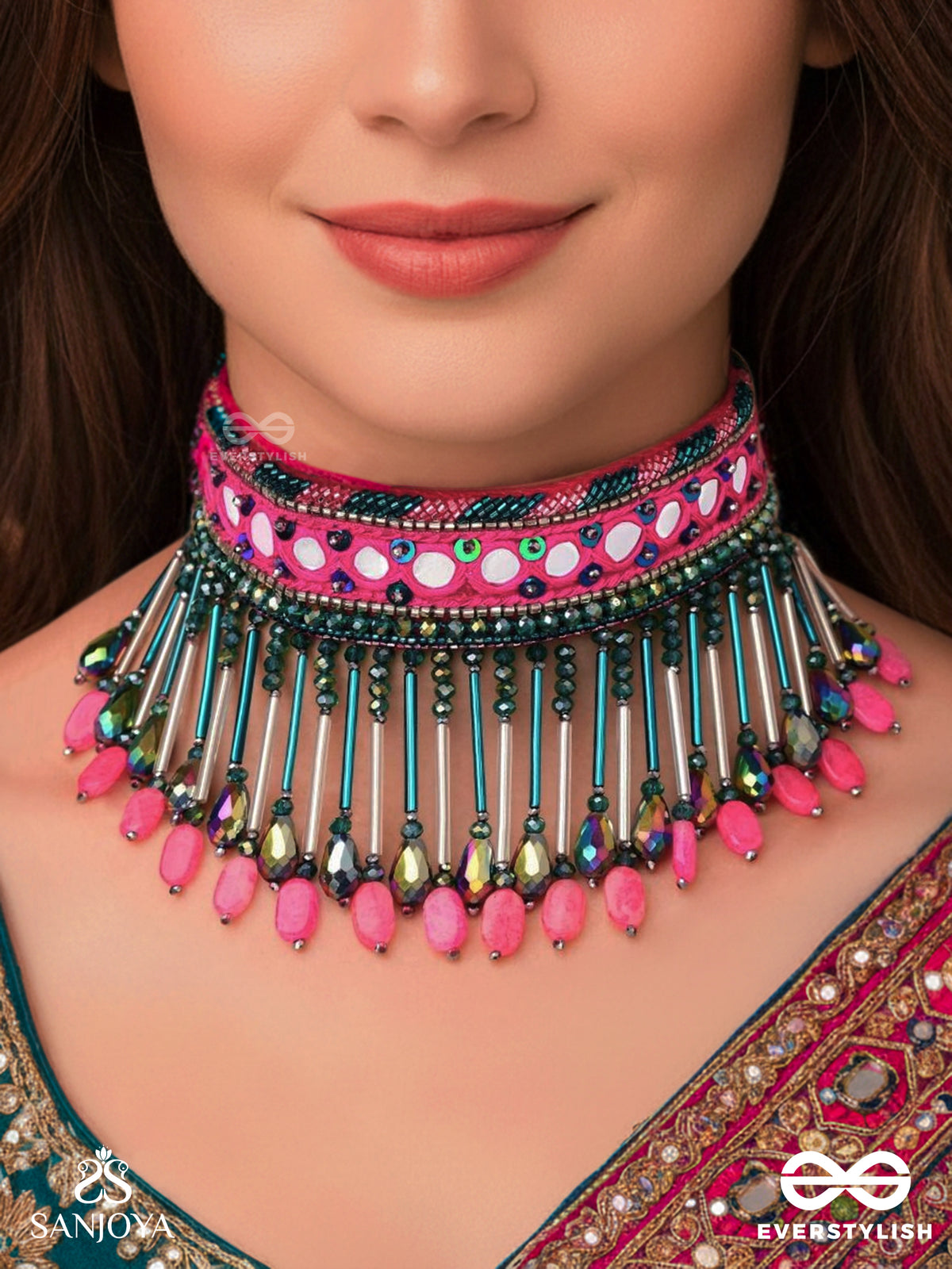 Srava- The Rose Cascade- Glass Beads & Mirror Lace Embroidered Choker Necklace