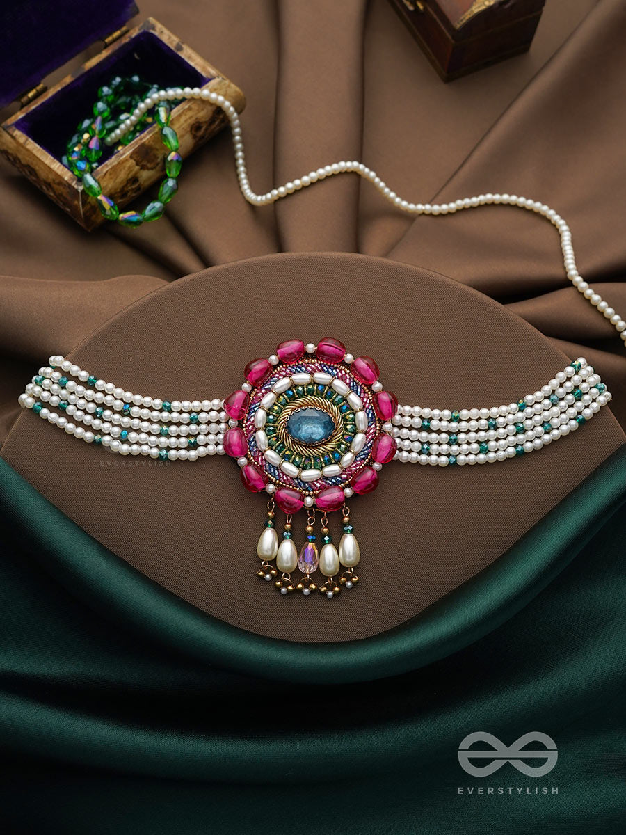 Praatika- The China Rose - Stone, Beads And Pearl Drops Hand Embroidered Choker Neckpiece