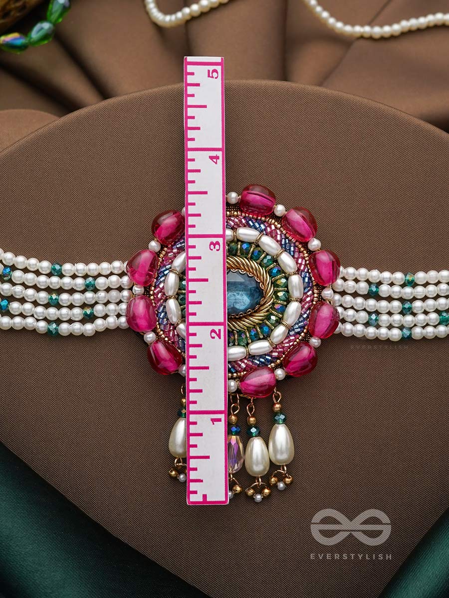 Praatika- The China Rose - Stone, Beads And Pearl Drops Hand Embroidered Choker Neckpiece