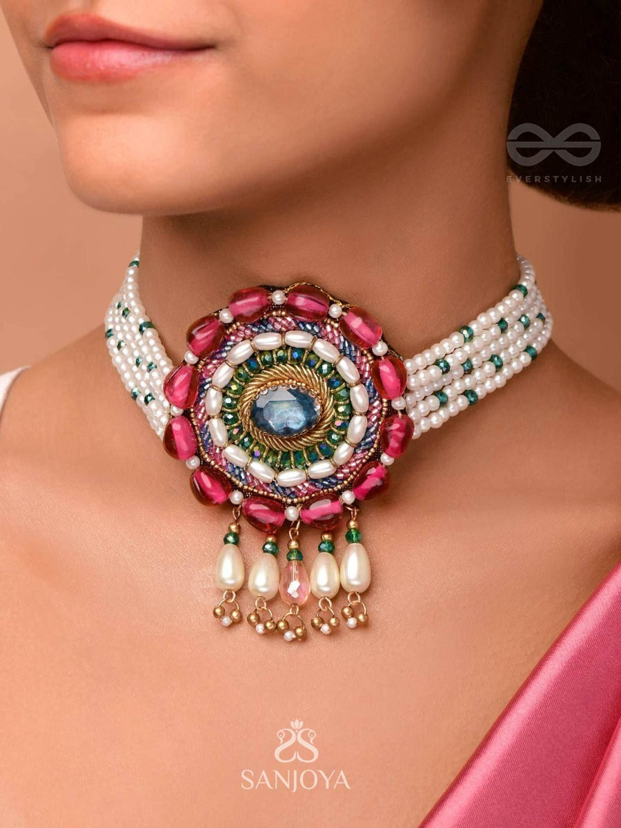 Praatika- The China Rose - Stone, Beads And Pearl Drops Hand Embroidered Choker Neckpiece