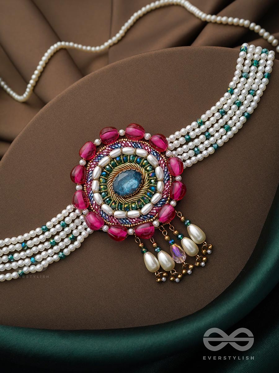 Praatika- The China Rose - Stone, Beads And Pearl Drops Hand Embroidered Choker Neckpiece