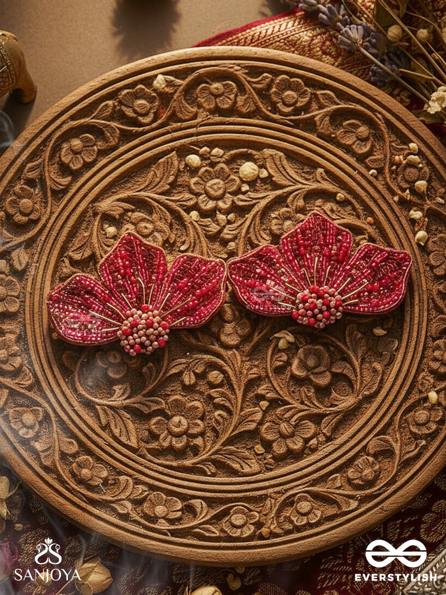 Prasthika- The Crimson Hibiscus- Sequins And Beads Embroidered Stud Earrings