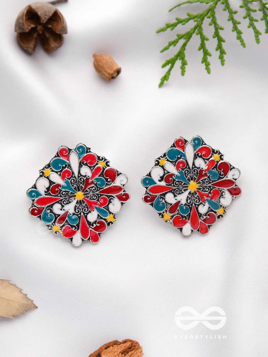 The Floral Fantasy- Oxidised Statement Stud Earrings (Stone Blue, Crimson & Red Orange)