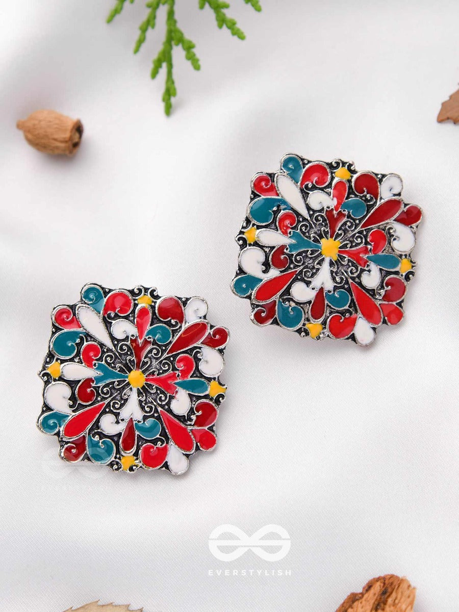 The Floral Fantasy- Oxidised Statement Stud Earrings (Stone Blue, Crimson & Red Orange)