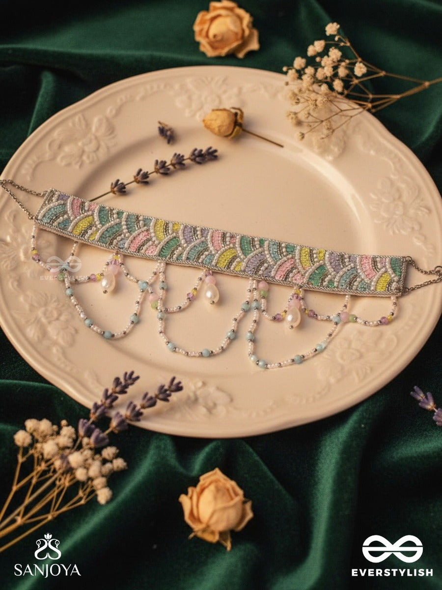 Paatalya - The Flower Meadow - Sequins, Beads And Glass Drops Hand Embroidered Choker Necpiece