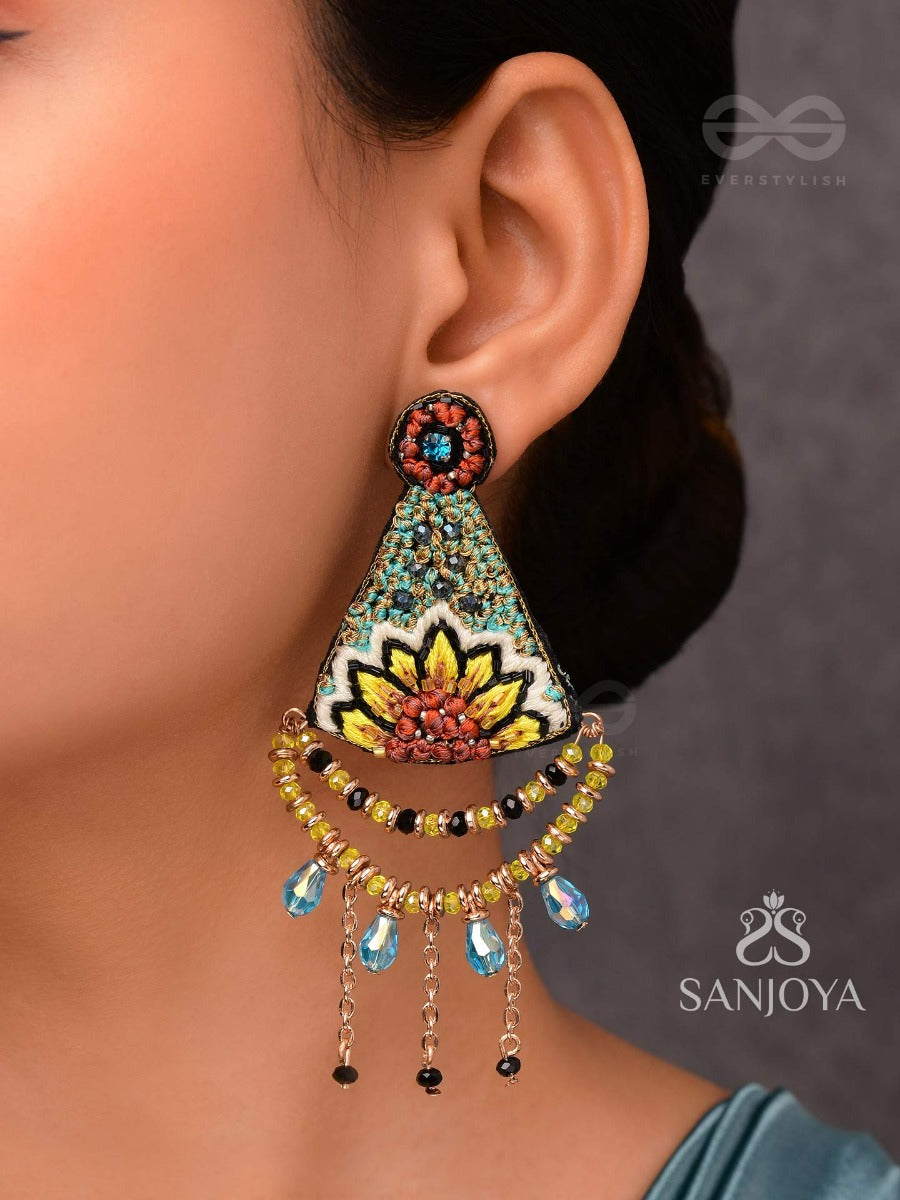 Aakara - The Geometric Blossom- Resham, Beads And Glass Drop Embroidered Earrings