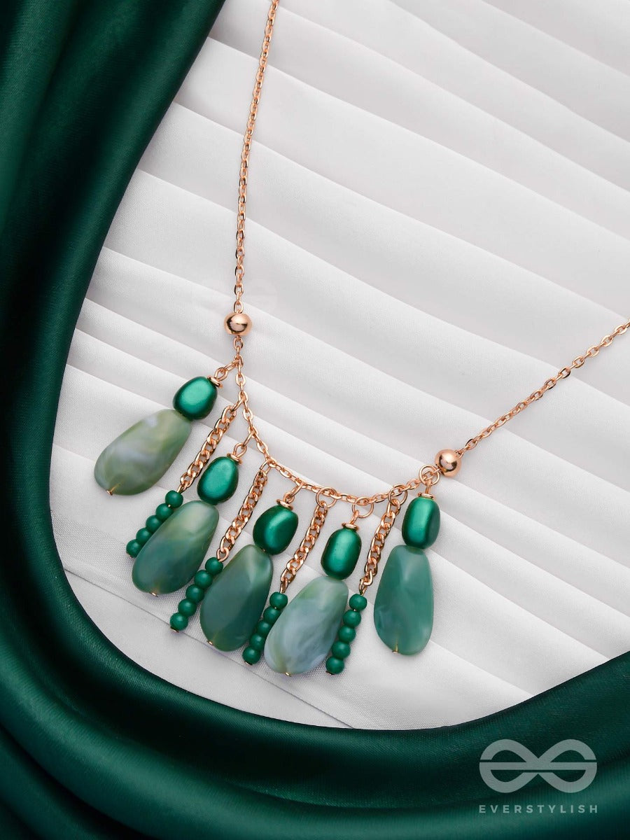 Nature's Emerald Paradise- Golden Playful Neckpiece With Anti-Tarnish Coating