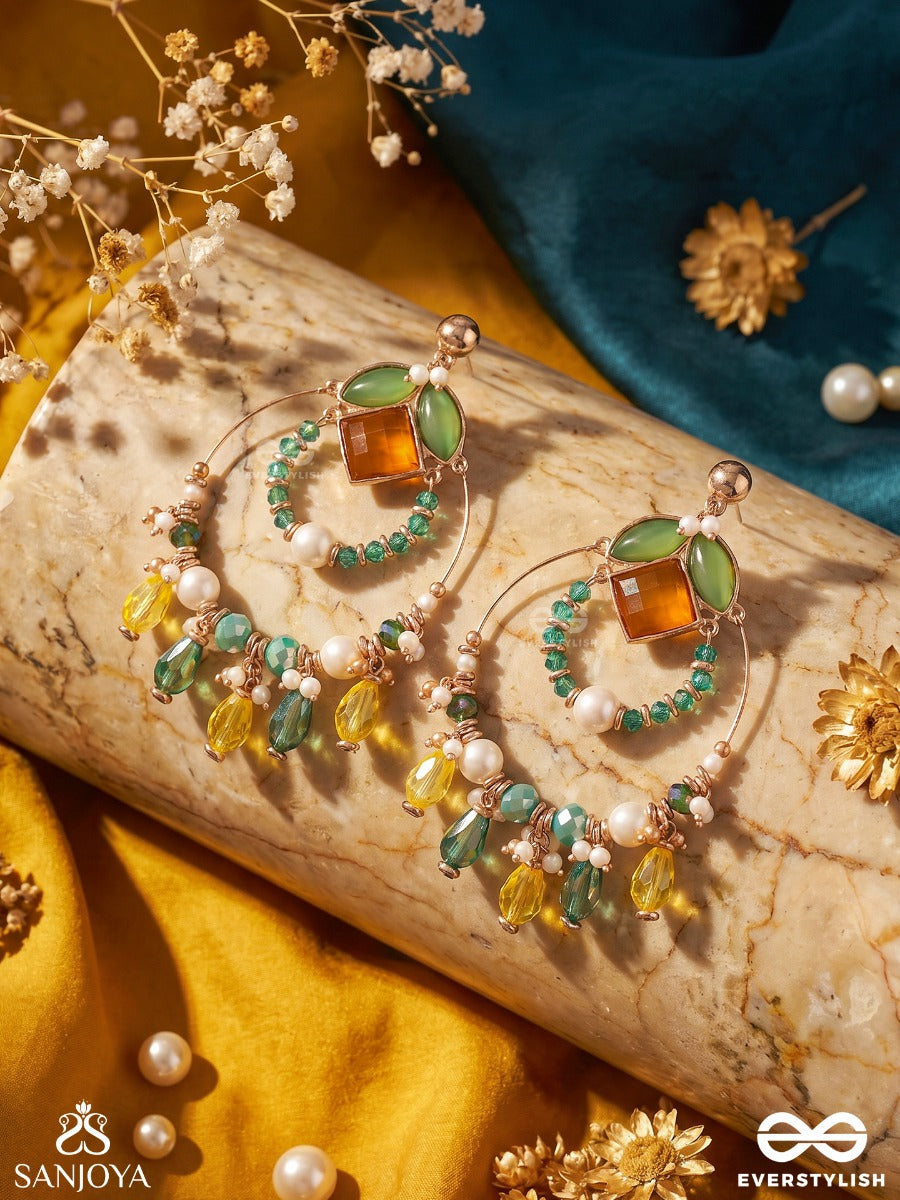Dvyaha - The Shimmering Fiesta - Statement Golden Embellished Crystal Chandelier Earrings