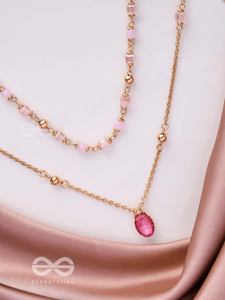 Charming Crystal Cascade - Cute Multilayered Neckpiece (Pink) With Anti-Tarnish Coating