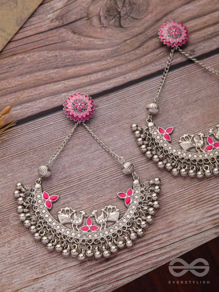 Mystical Peacocks In Pink - Embellished Oxidised Earrings