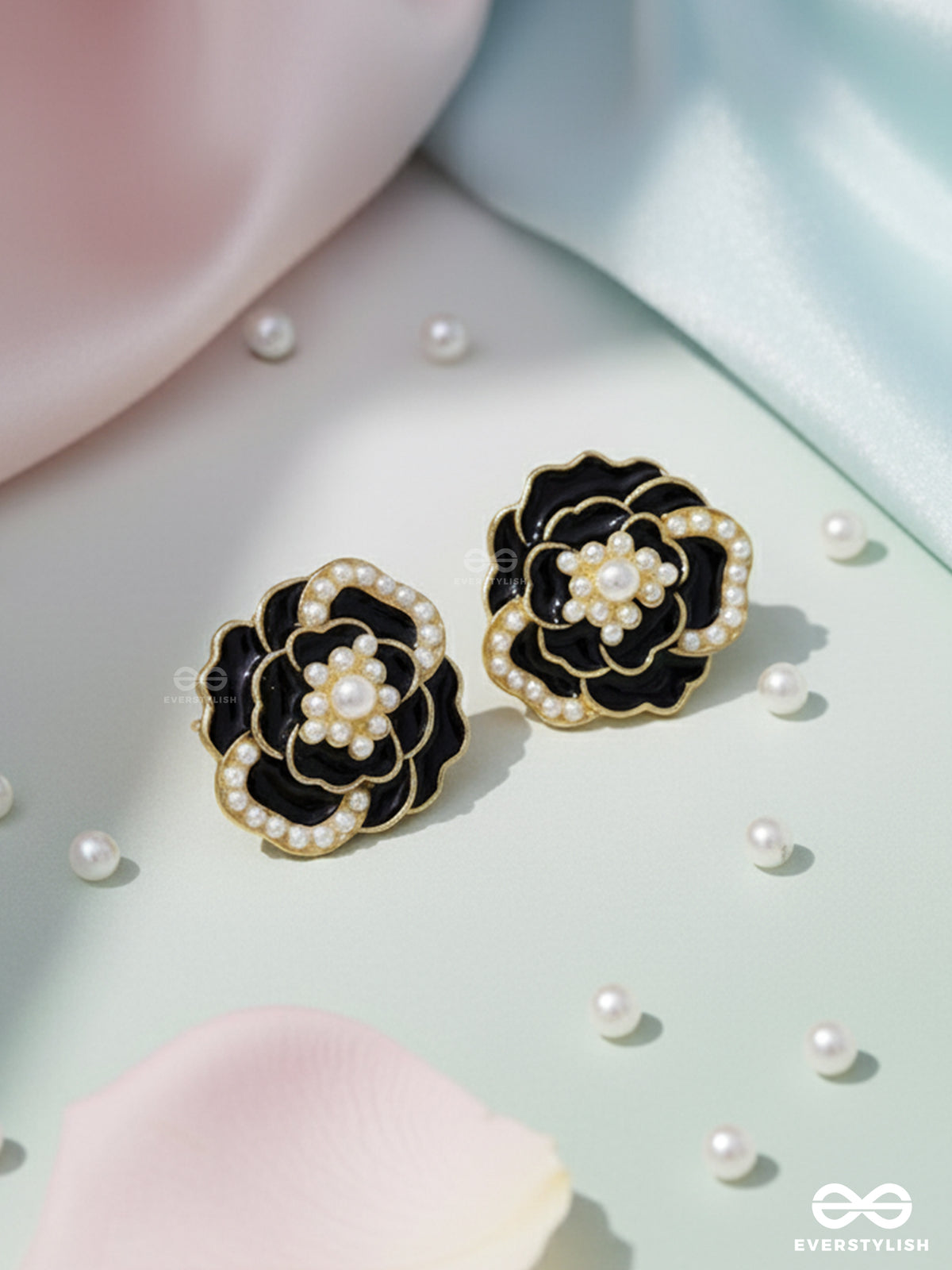 Dew Dropped Peonies - Golden Enamelled Studs (Black)