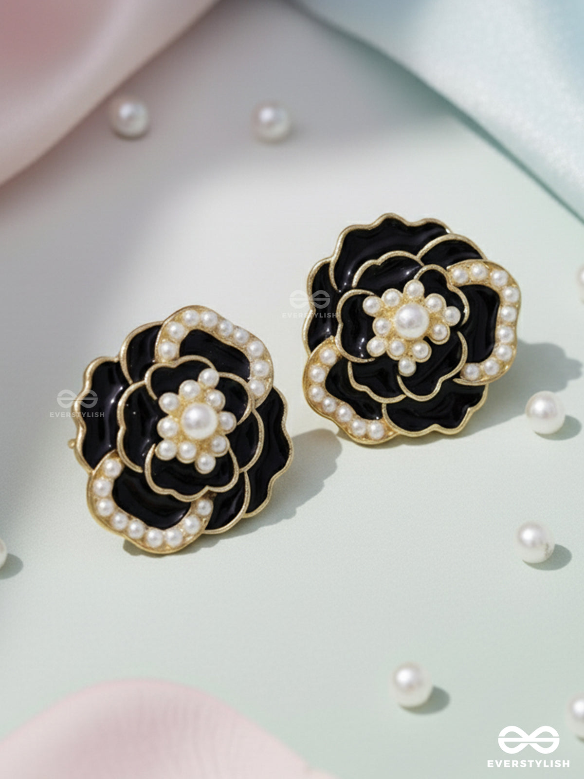 Dew Dropped Peonies - Golden Enamelled Studs (Black)