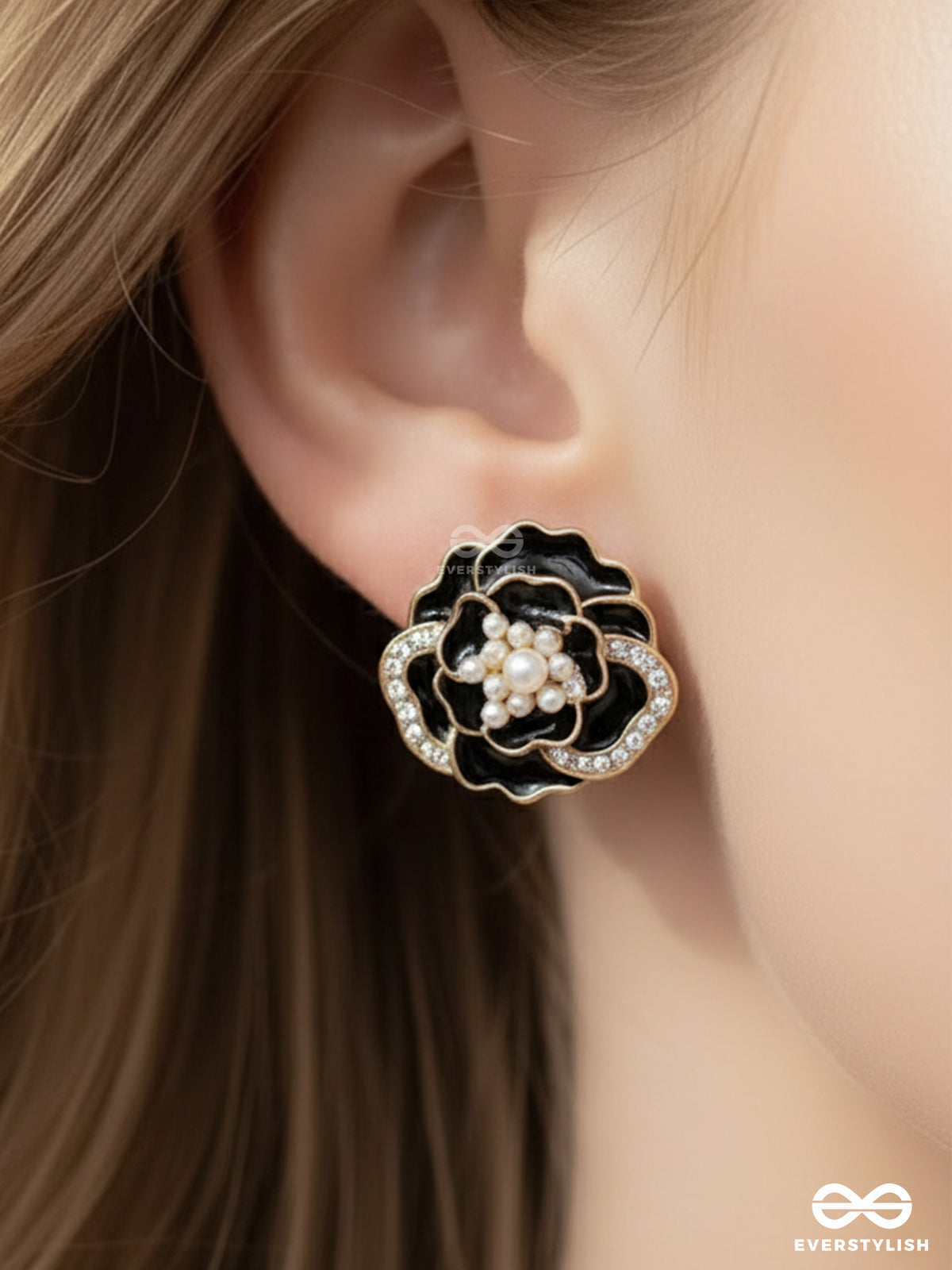 Dew Dropped Peonies - Golden Enamelled Studs (Black)