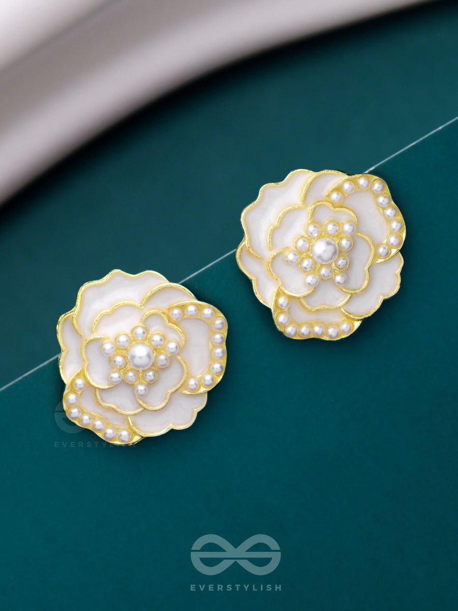 Dew Dropped Peonies - Golden Enamelled Studs (White)