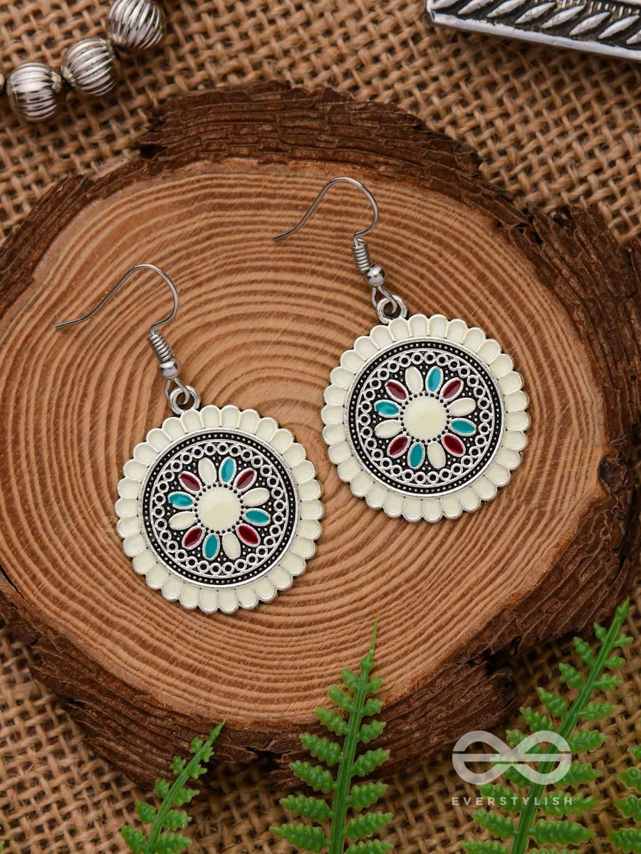 The Mandala Effect - Embellished Oxidised Earrings (White)
