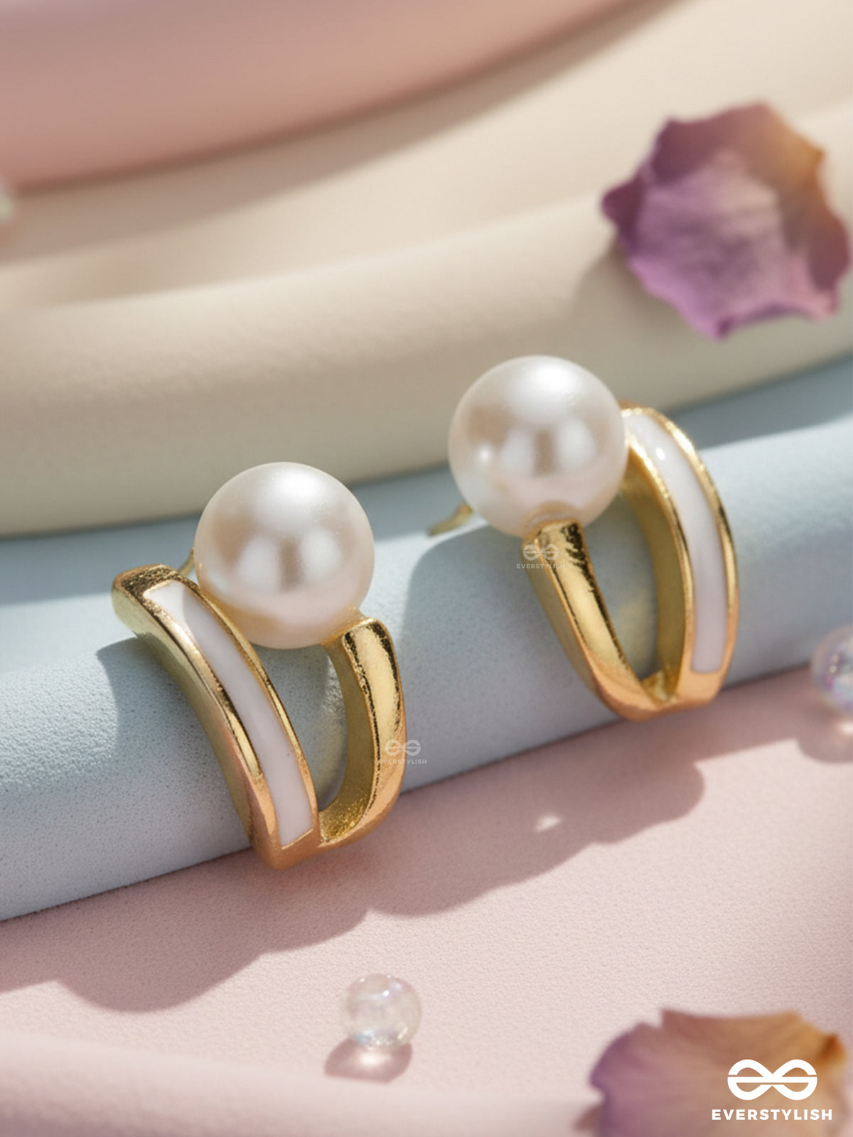 Moonlit Pearl- Enamelled Stud Earrings (White)