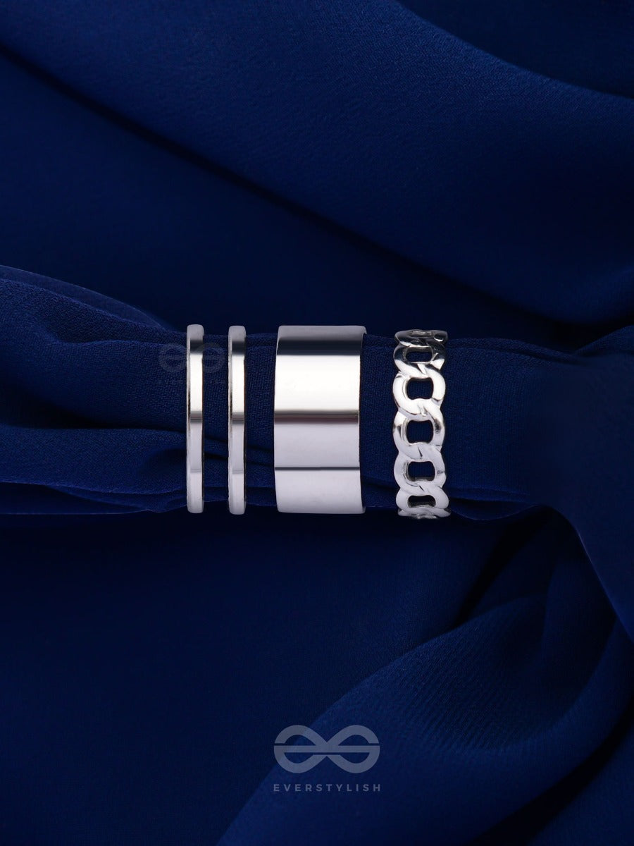 Bands N Chains- Set Of 3 Adjustable Silver Rings