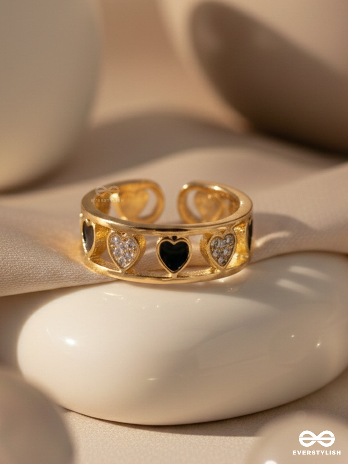 Enveloped In Hearts - Golden Statement Ring (Black)