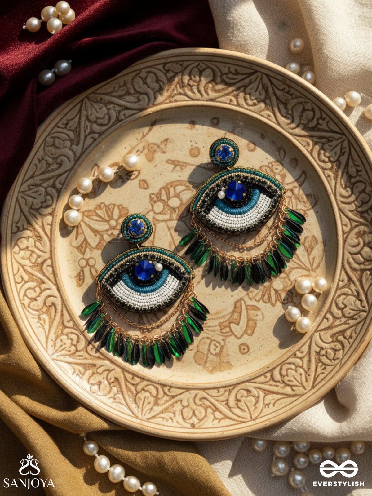 Adrishti - The Blessed Gaze - Stones, Beads, Sequins And Pearl Embroidered Earrings