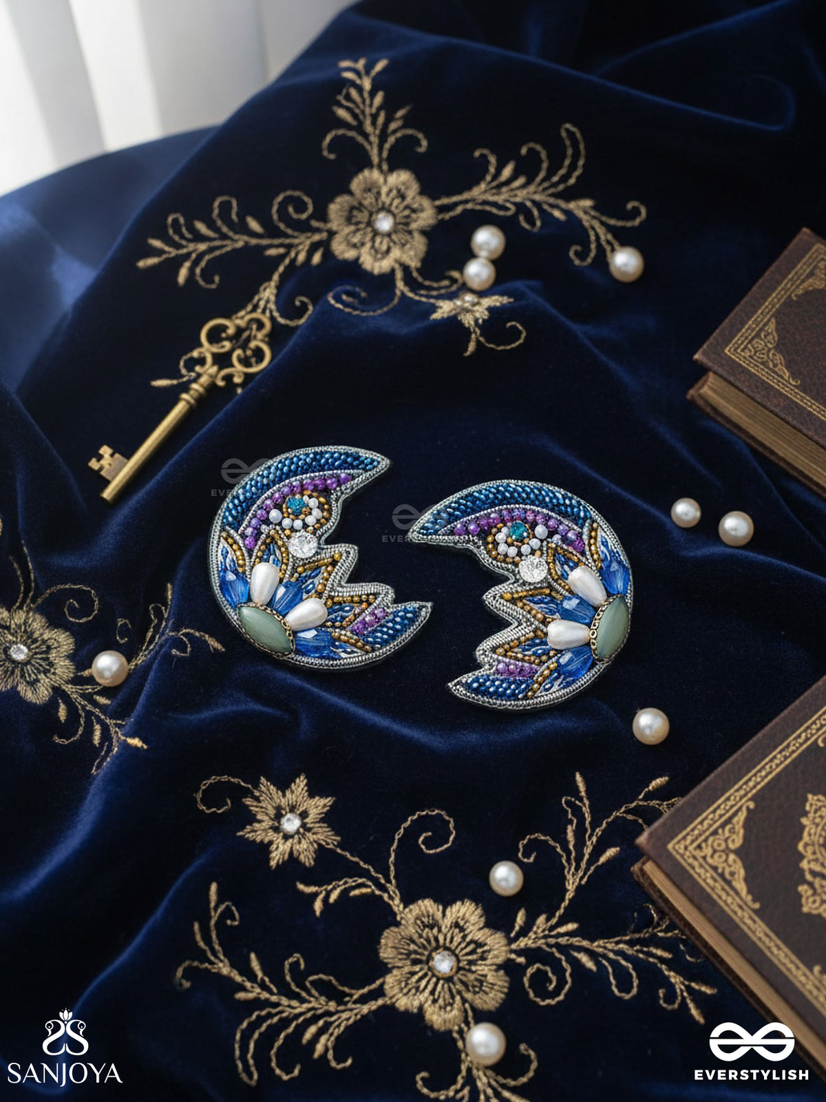 Somnivritta - Aura Of The Moon - Cut Dana, Stone, Pearl Drop And Beads Embroidered Earrings (Blue)