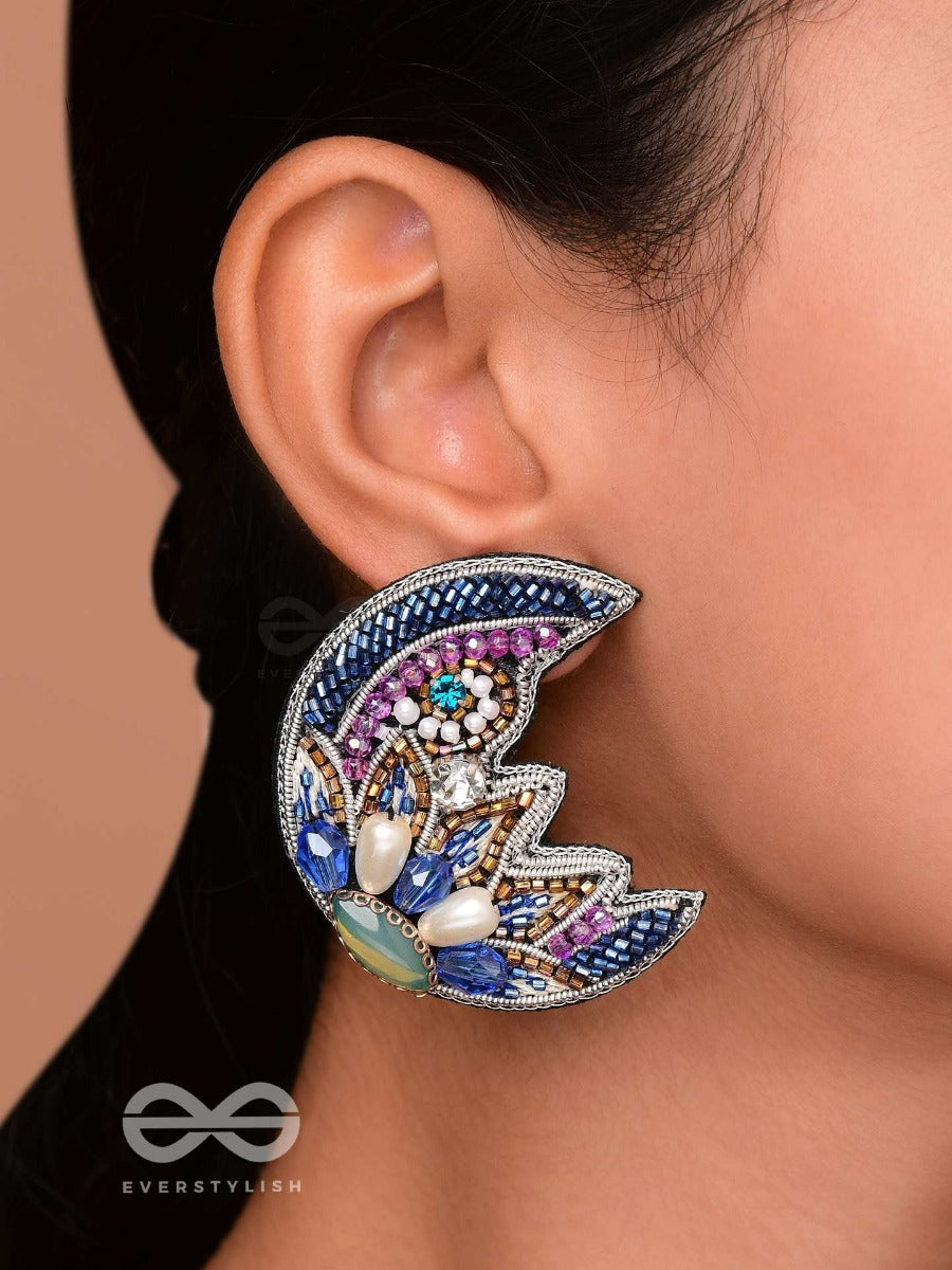 Somnivritta - Aura Of The Moon - Cut Dana, Stone, Pearl Drop And Beads Embroidered Earrings (Blue)