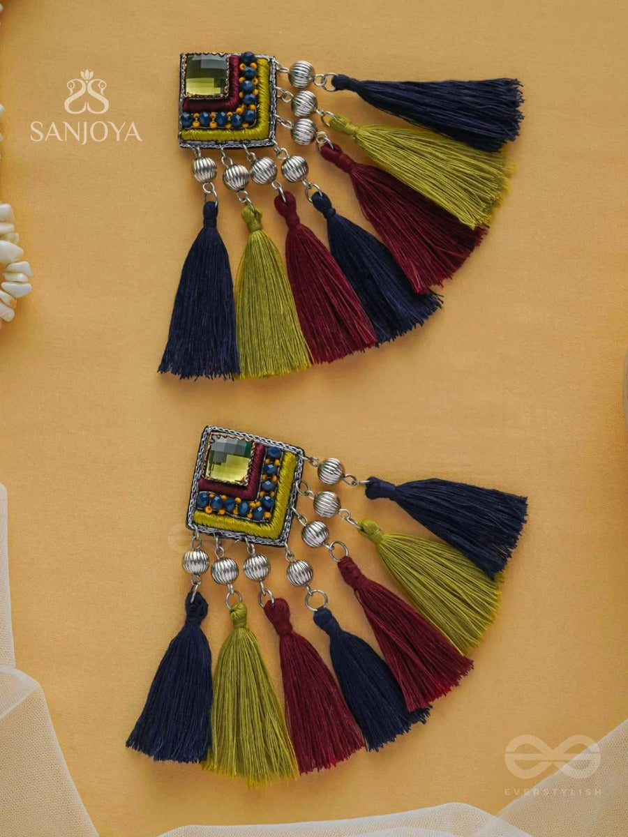 Abhipreta - The Cherished Glow - Stone, Beads And Resham Hand Embroidered Earrings