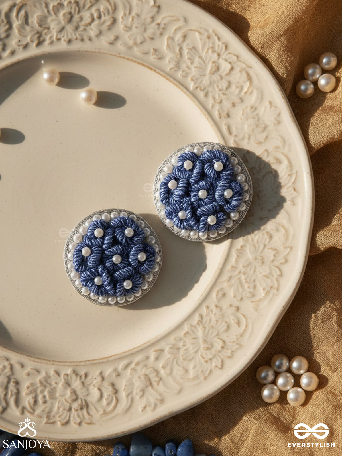 Varali - The Lush Meadow - Pearl And Thread Embroidered Earrings (Blue)