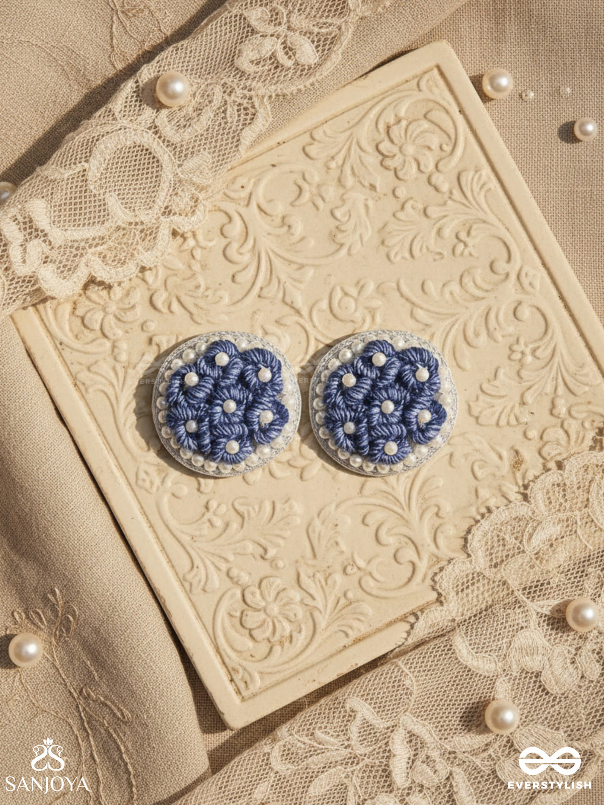 Varali - The Lush Meadow - Pearl And Thread Embroidered Earrings (Blue)