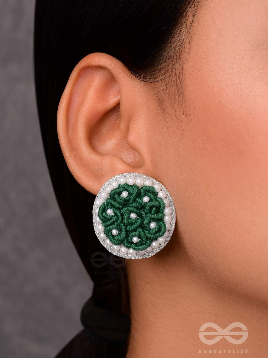 Varali - The Lush Meadow - Pearl And Thread Embroidered Earrings (Green)