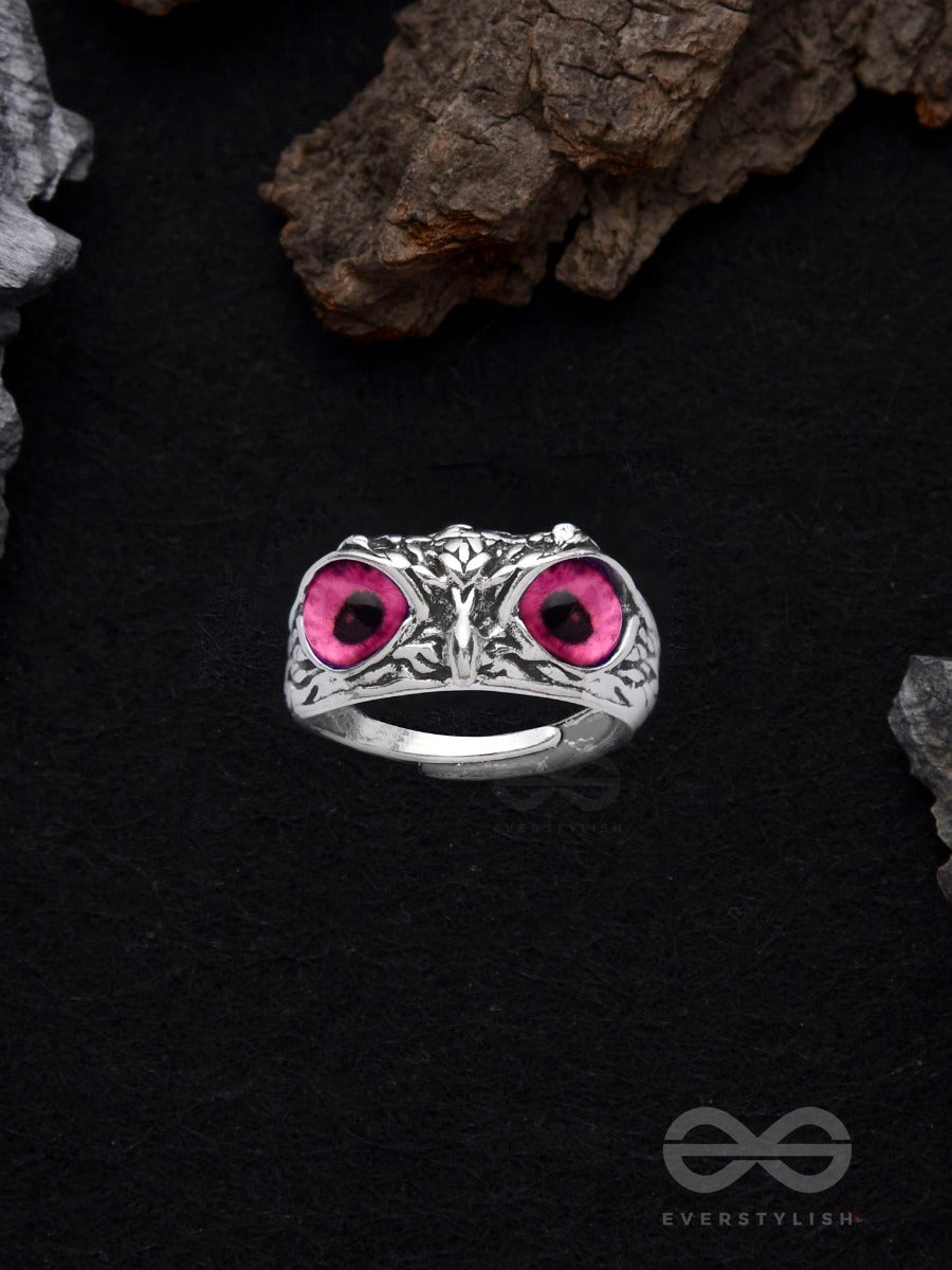 A Know-It-Owl - Pink Eyed Silver Ring