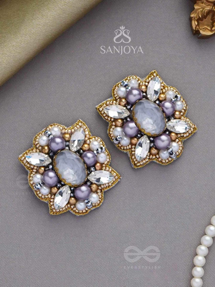 Chandravalli - The Smoky Moon - Stone, Pearls And Beads Embroidered Earrings (Gray)