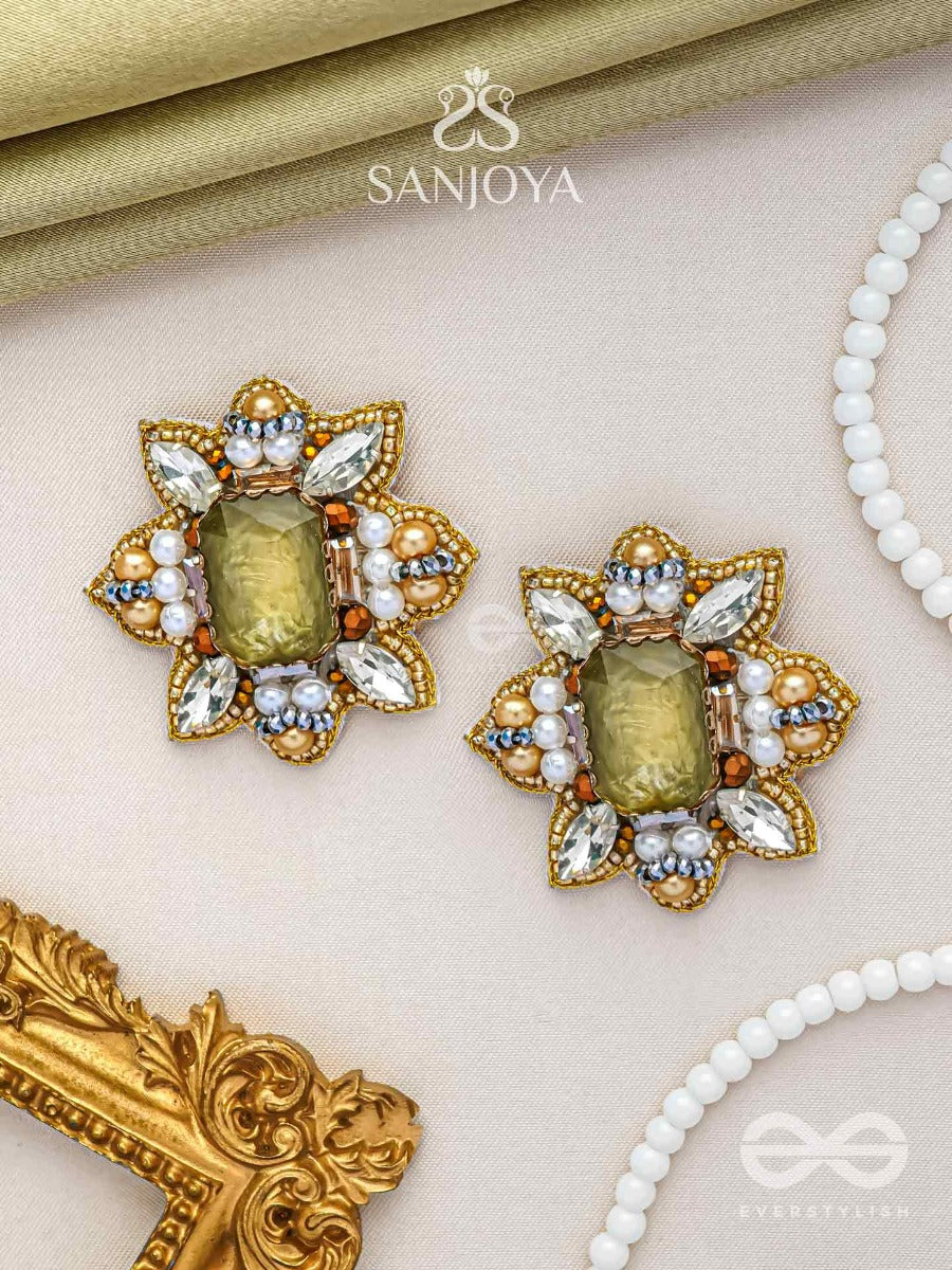 Dyauta - Star Like Glow - Stone And Beads Hand Embroidered Stud Earrings