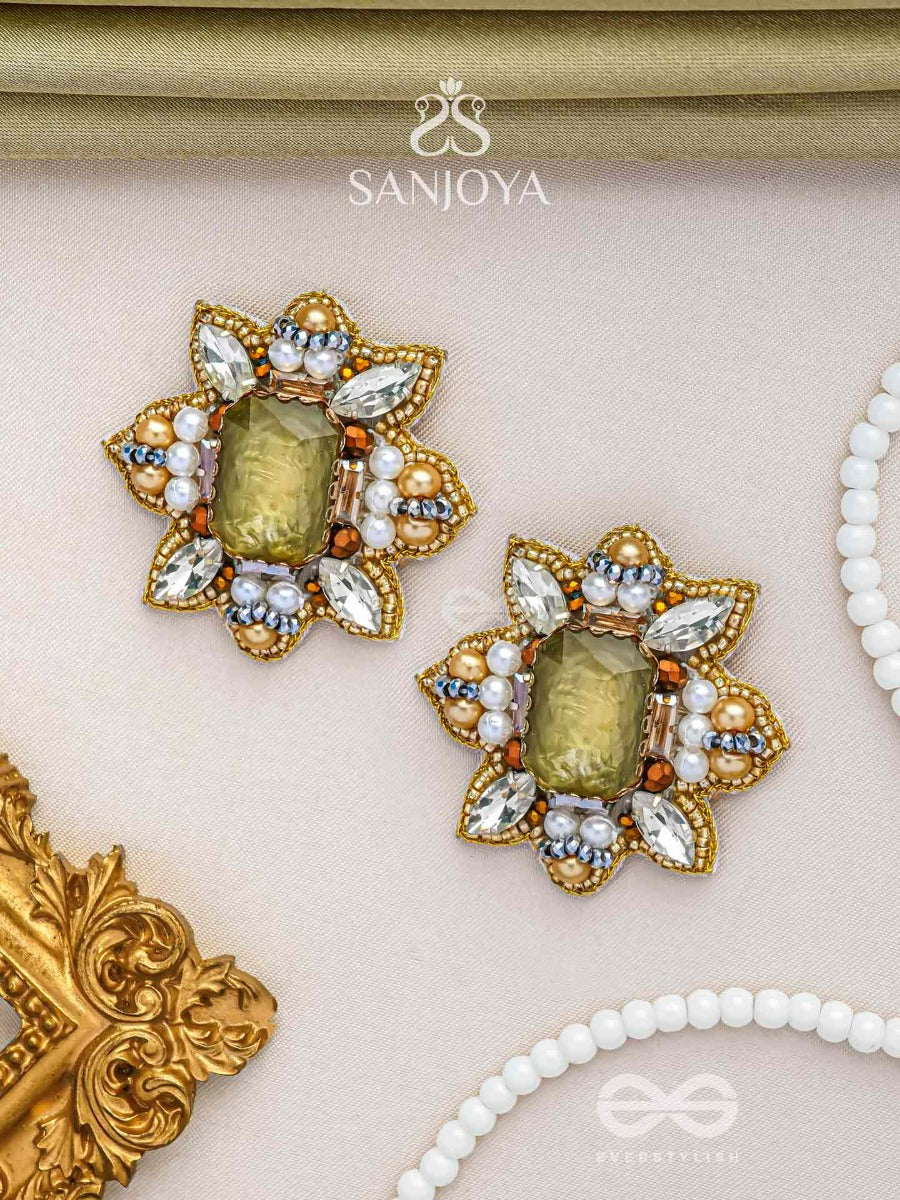 Dyauta - Star Like Glow - Stone And Beads Hand Embroidered Stud Earrings