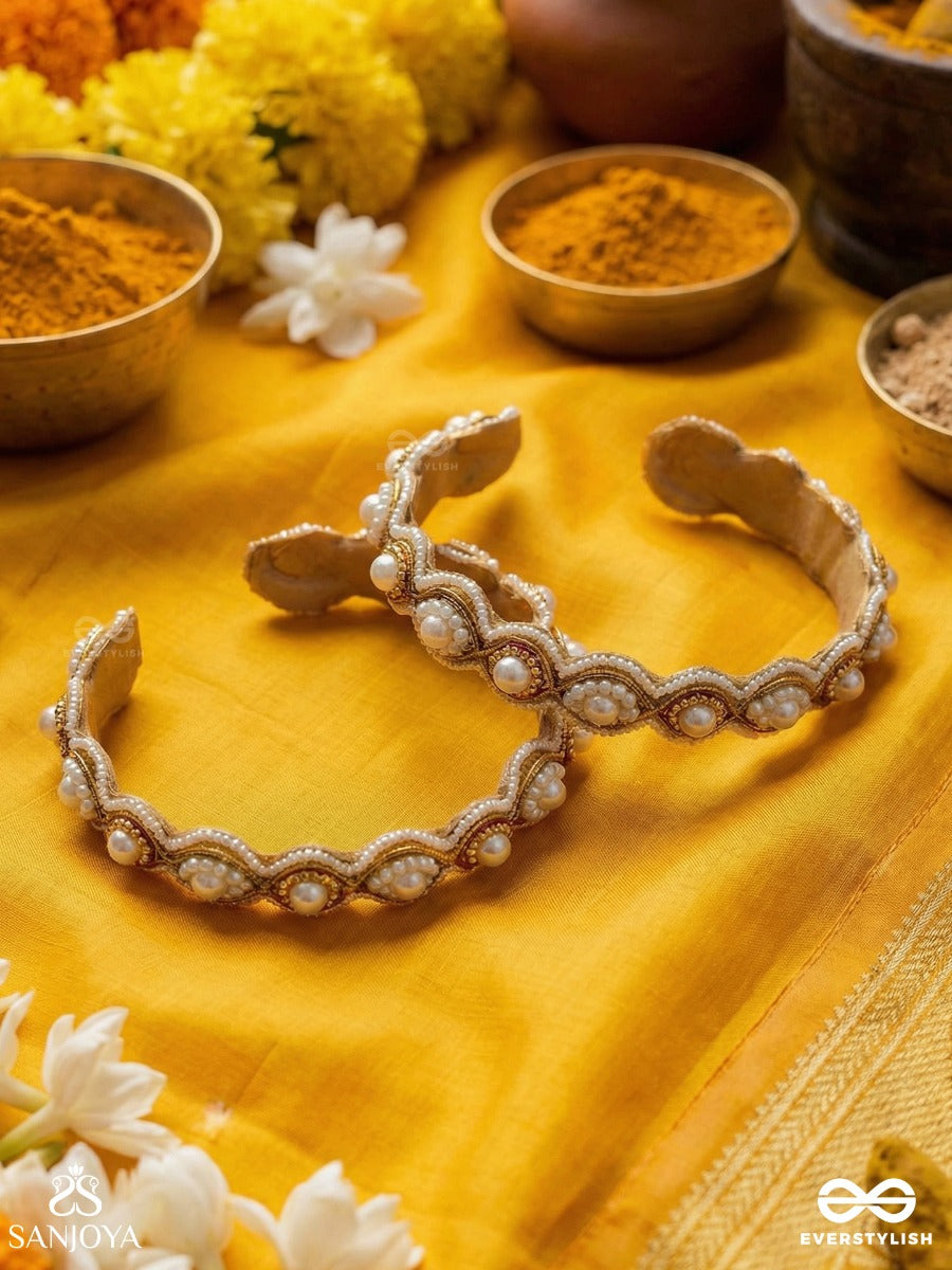 Ayudha - The Ivory Shine - Pearls And Beads Embroidered Bangles (Set Of 2)