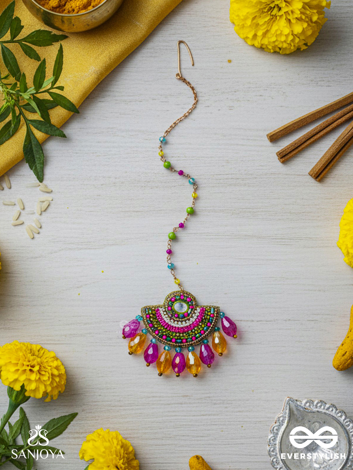 Adibhya - A Colorful Carnival - Sequins, Beads And Glass Drop Embroidered Maangtika