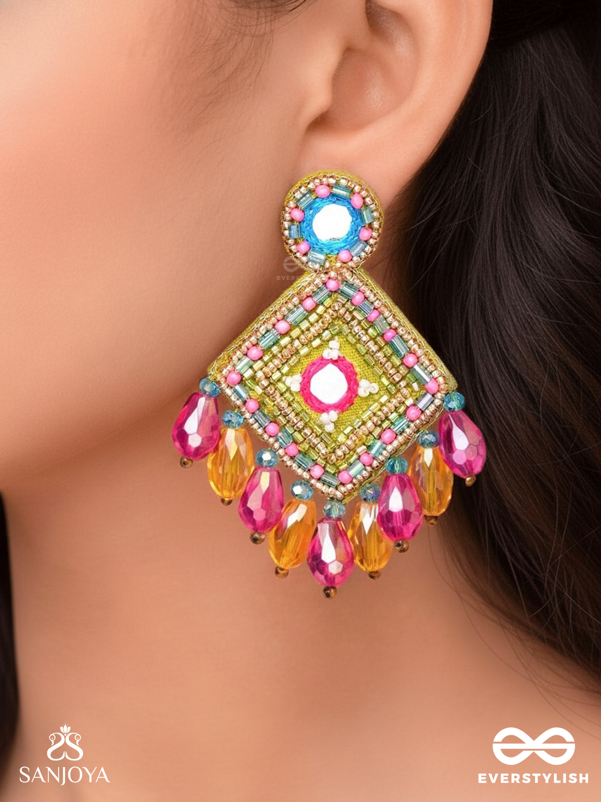 Varnarangini - Colorful Beauty - Mirror, Beads And Cut Dana Embroidered Earrings