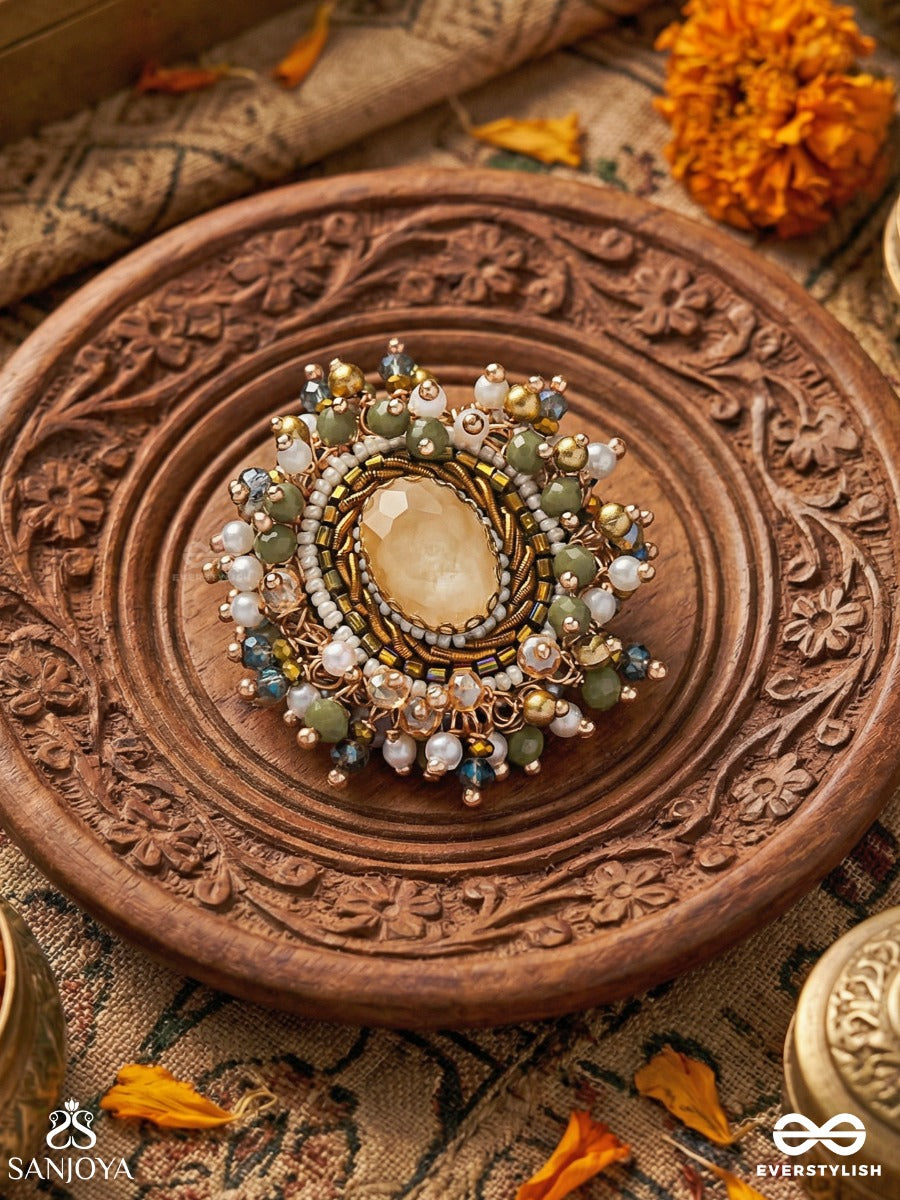 Prakhyaati - The Illuminating Crystal - Stone And Beads Embroidered Ring (Multicolor)