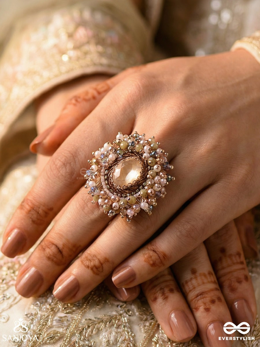 Prakhyaati - The Illuminating Crystal - Stone And Beads Embroidered Ring (Multicolor)
