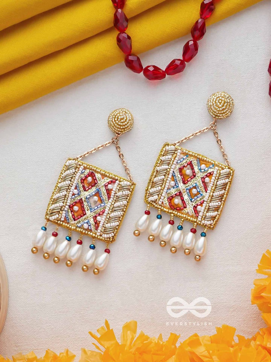 Nitamba - Golden Elegance Glimpse - Beads And Pearl Drops Embroidered Earrings