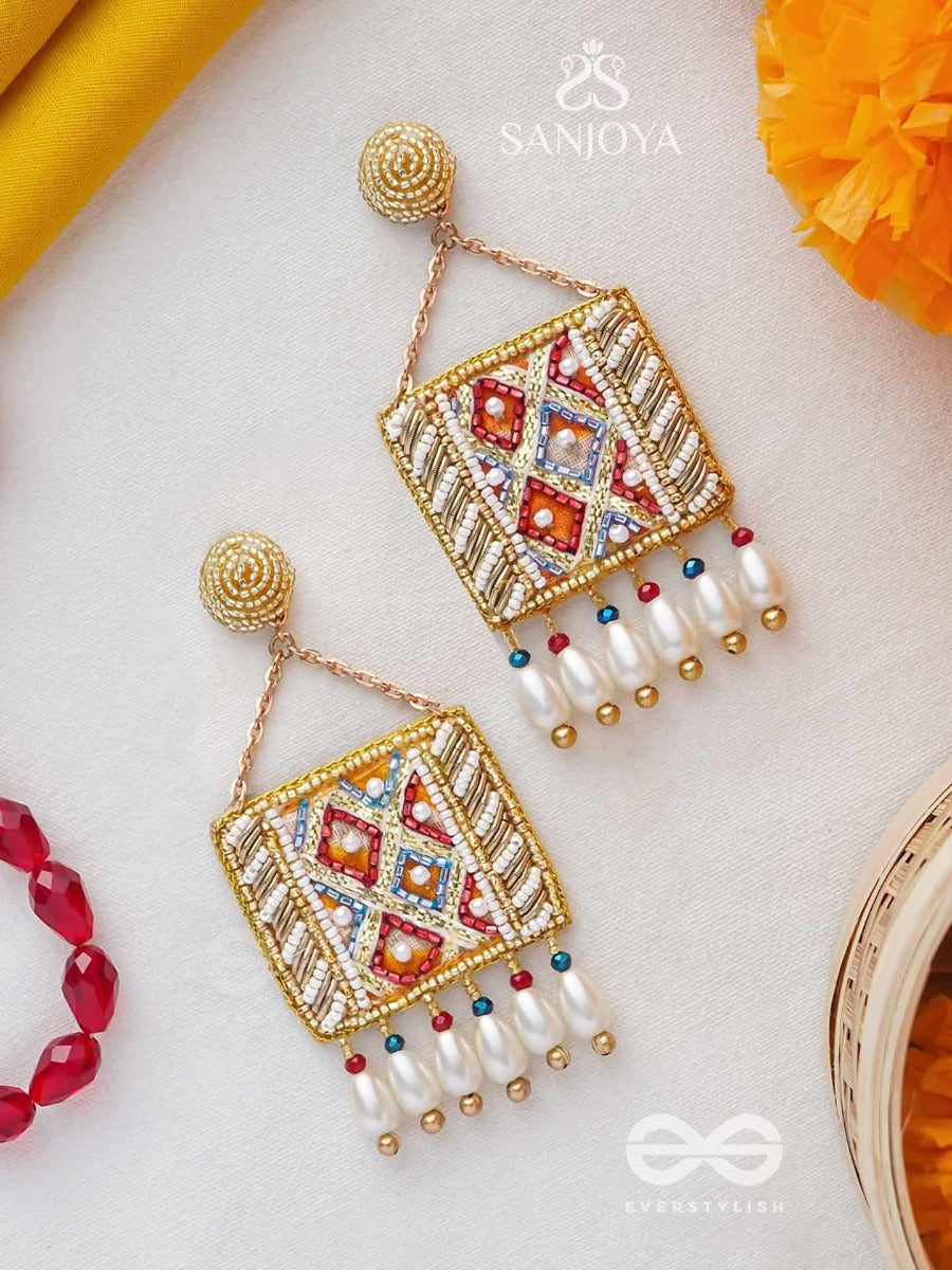 Nitamba - Golden Elegance Glimpse - Beads And Pearl Drops Embroidered Earrings