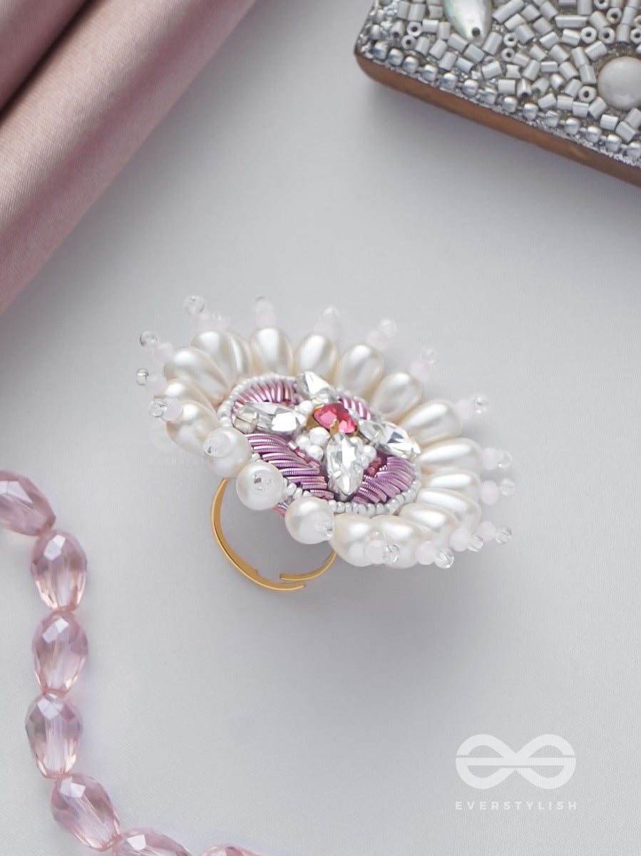 Agalita - The Floral Unveiling- Stones And Pearls Embroidered Ring (Pink & White)