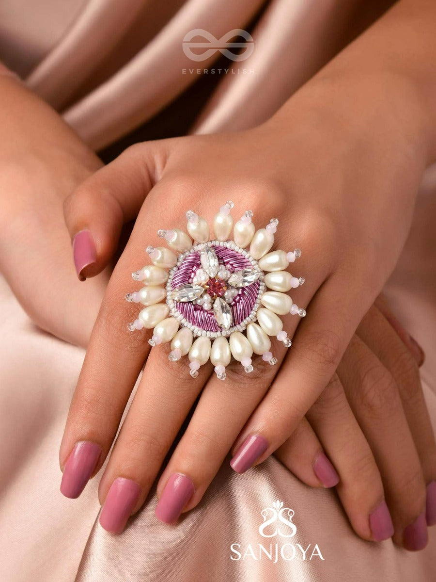 Agalita - The Floral Unveiling- Stones And Pearls Embroidered Ring (Pink & White)