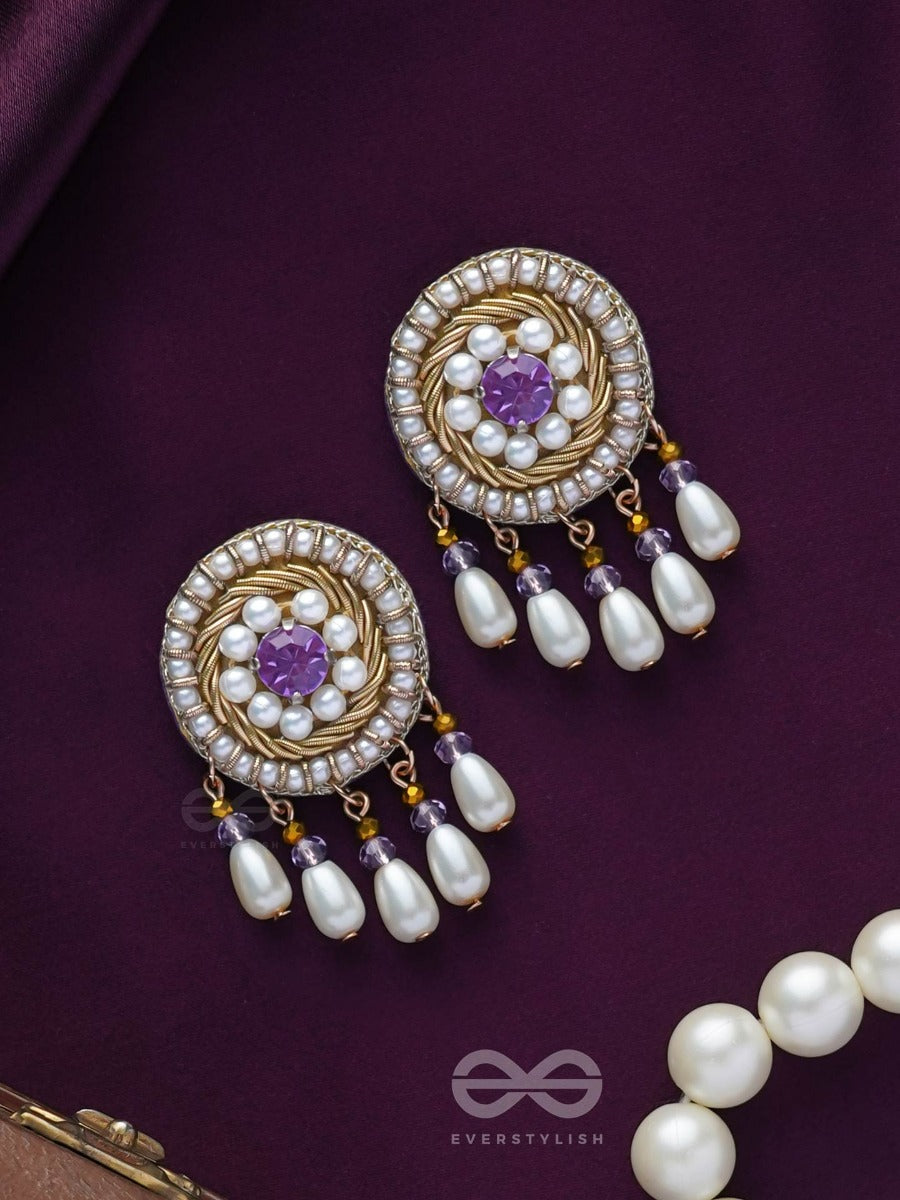 Tarunika - A Young Bud - Stone, Pearls And Beads Embroidered Earrings (Purple & White)
