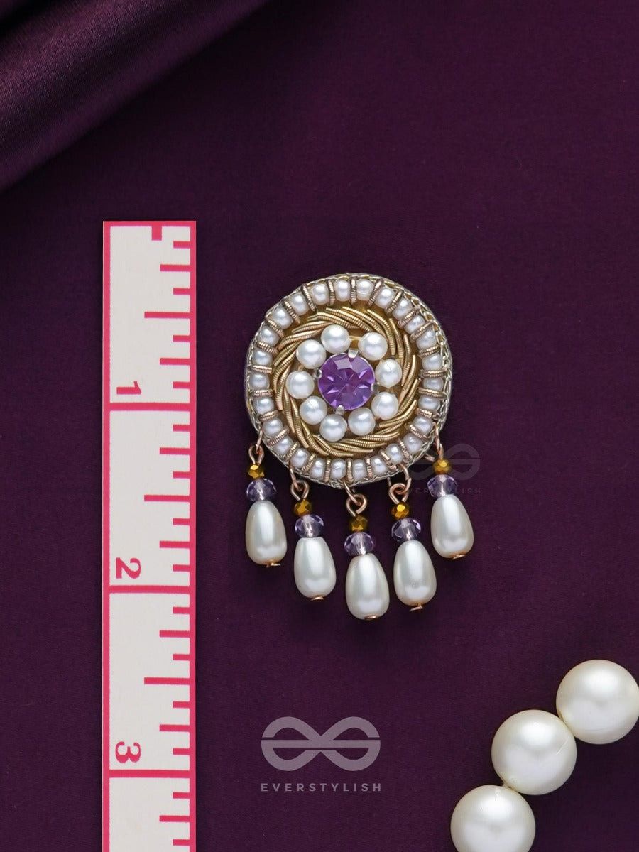 Tarunika - A Young Bud - Stone, Pearls And Beads Embroidered Earrings (Purple & White)