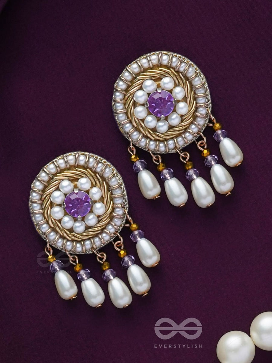 Tarunika - A Young Bud - Stone, Pearls And Beads Embroidered Earrings (Purple & White)