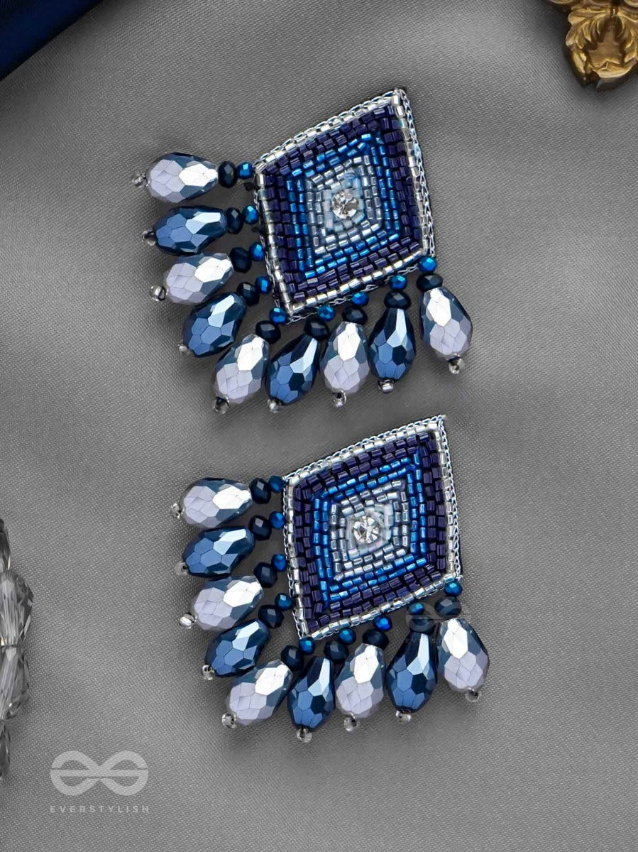 Yasas - The Illuminated Fame- Stone, Cut Dana And Glass Drops Embroidered Earrings (Blue)